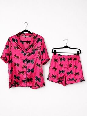Y2K Their Nibs Pink Satin Bow Print Pajama Set Medium Matching Sleepwear